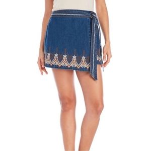 Free People Dream Away Denim Embroidered Embossed Wrap Mini Jean Skirt - Size 6